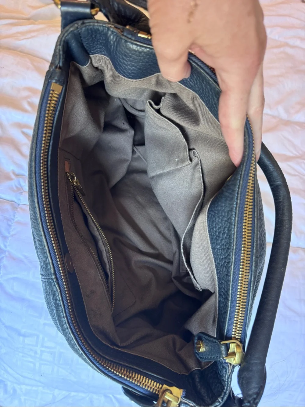 J. Crew Navy Pebbled Leather Bag with Gold Hardware